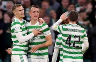 Celtic players congratulate David Turnbull after he scored against Jablonec