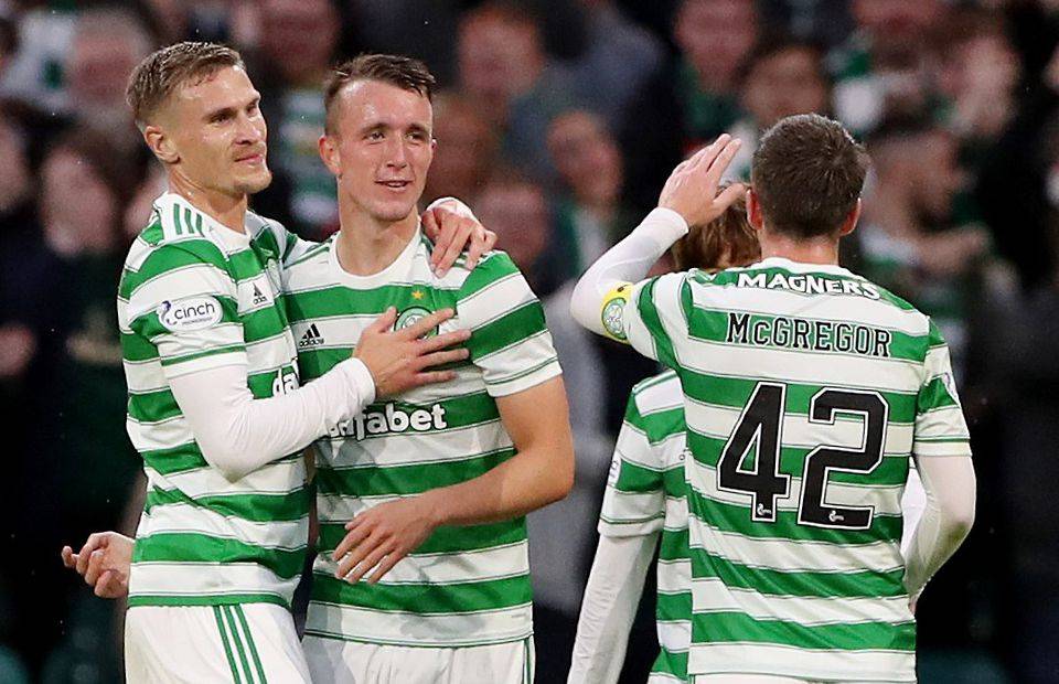 Celtic players congratulate David Turnbull after he scored against Jablonec