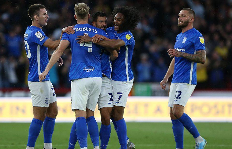 Birmingham City's players celebrate after opening the scoring against Sheffield United
