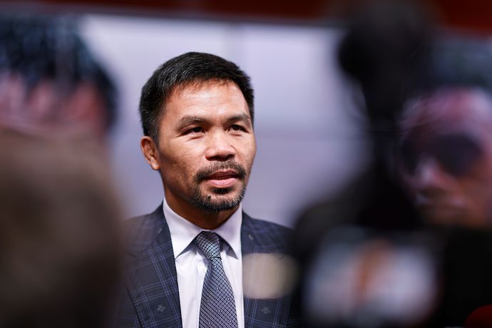 Manny Pacquiao speaks to the media ahead of his cancelled bout with Errol Spence Jr