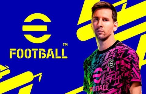 eFootball logo with Lionel Messi on the background. Photo from Twitter user '@pesforever10'