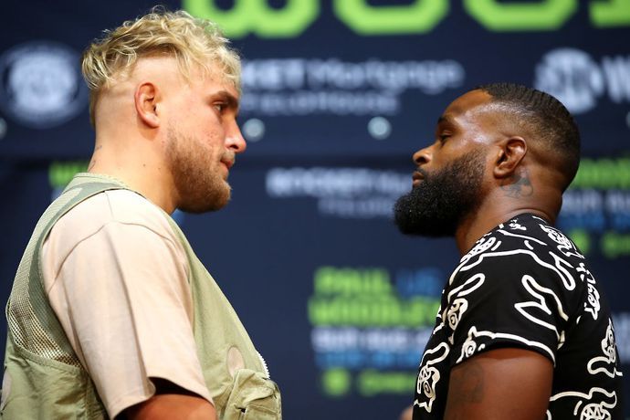 Jake Paul and Tyron Woodley square off before they meet inside the boxing ring on Sunday 29th August 2021.
