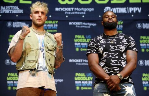 Jake Paul and Tyron Woodley face off ahead of their boxing clash