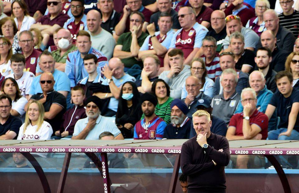Aston Villa manager Dean Smith in front of the club's fans