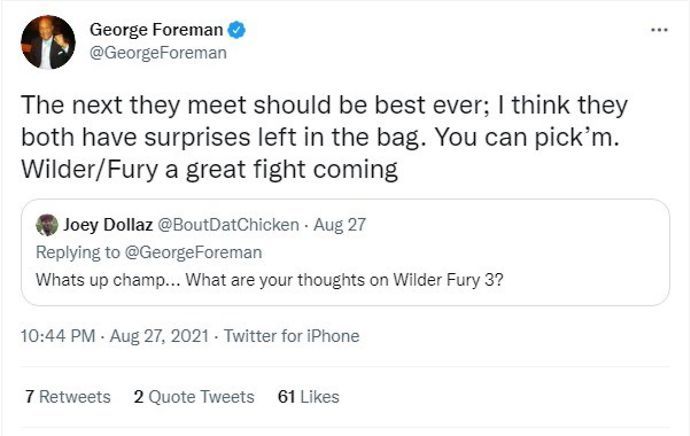 George Foreman gives his honest opinion on Tyson Fury's trilogy fight with Deontay Wilder.