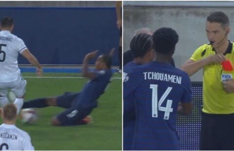 Jules Kounde was shown a red card for a brutal challenge on Sead Kolasinac