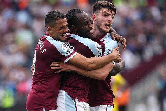 Michail Antonio, Pablo Fornals and Declan Rice in action for West Ham