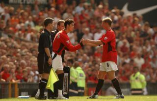 Cristiano Ronaldo comes on for Nicky Butt to makes his Manchester United debut against Bolton in 2003