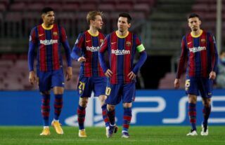 Barcelona players look dejected after Juventus score in the Champions League at the Camp Nou
