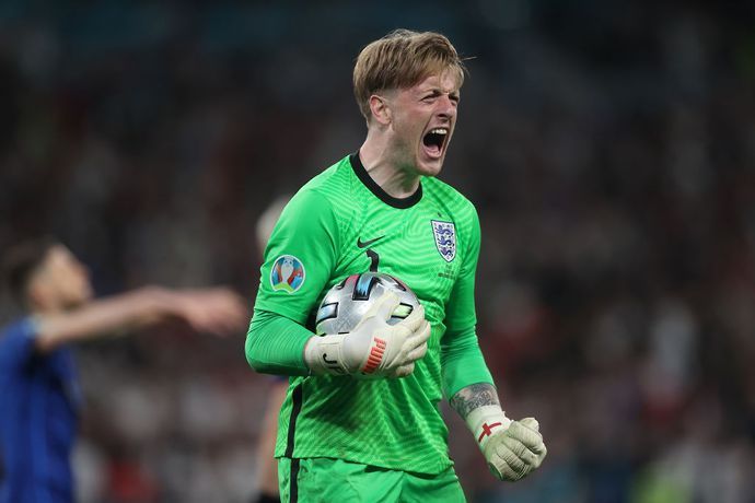 Jordan Pickford celebrates saving Jorginho's penalty for England against Italy in the Euro 2020 final at Wembley