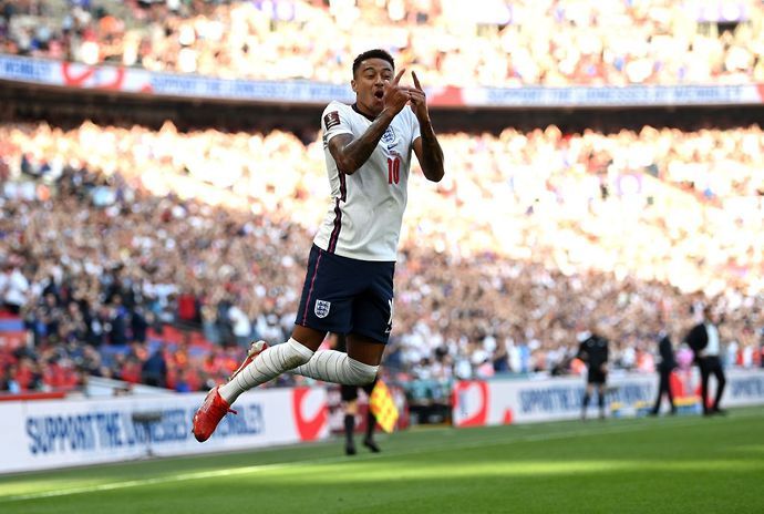 Jesse Lingard does the Cristiano Ronaldo celebration after scoring for England against Andorra at Wembley