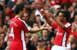 Cesc Fabregas and Theo Walcott celebrate a goal for Arsenal in the Premier League in 2009