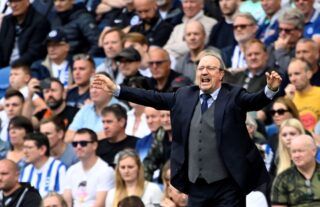 Everton manager Rafael Benitez looking agitated
