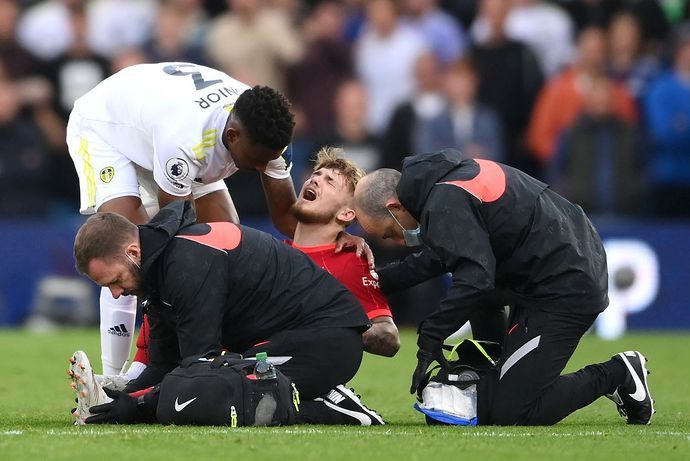 Elliott Harvey suffered a serious injury in Liverpool vs Leeds