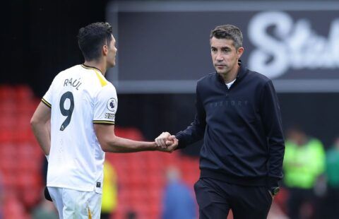 Wolves manager Bruno Lage shaking hands with Raul Jimenez