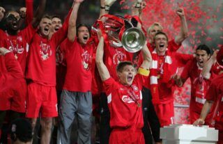 Liverpool captain Steven Gerrard lifts the Champions League trophy after beating AC Milan in Istanbul
