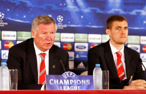 Sir Alex Ferguson and Darren Fletcher at a Manchester United press conference