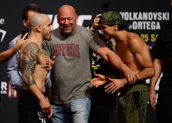 Alexander Volkanovski (L) and Brian Ortega (R) face off following the UFC 266 ceremonial weigh-ins