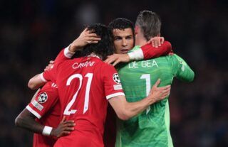 David de Gea celebrates United's win vs Villarreal with Ronaldo and Cavani