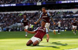 Aston Villa forward Ollie Watkins celebrates scoring against Tottenham