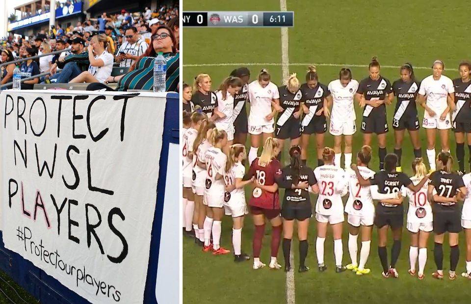 National Women’s Soccer League players briefly halted their matches last night to link arms and show solidarity with those who made sexual misconduct allegations against coach Paul Riley