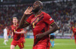 Romelu Lukaku celebrates his goal for Belgium vs France