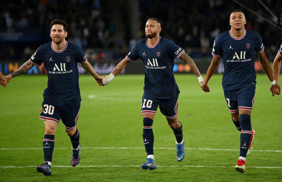 Lionel Messi, Neymar and Kylian Mbappe in action for PSG