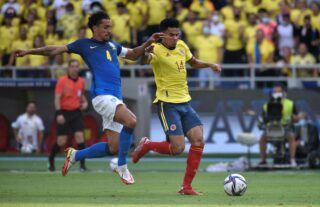 Luis Diaz playing for Colombia against Brazil in a 2022 World Cup qualifier