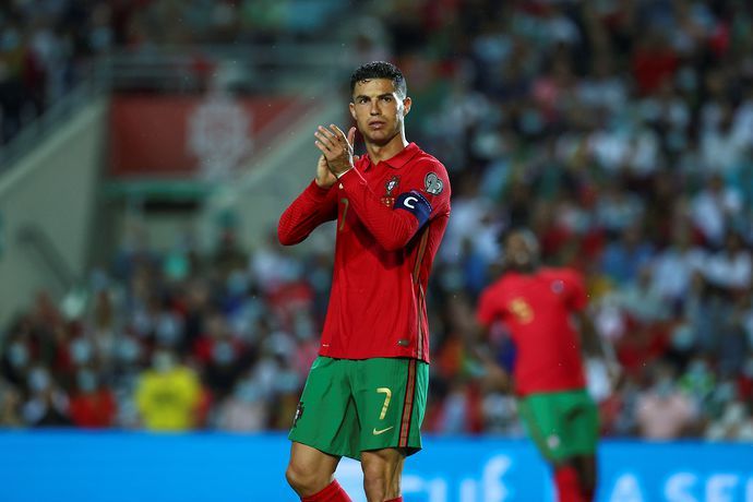 Cristiano Ronaldo of Manchester United and Portugal reacts during the 2022 FIFA World Cup Qualifier match between Portugal and Luxembourg