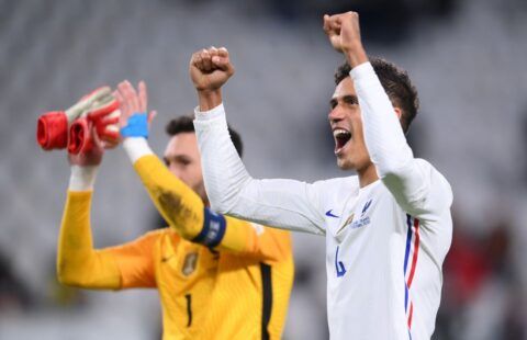 Raphael Varane celebrates winning the UEFA Nations League with France