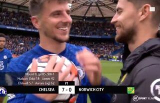 Jorginho gave the match ball to Mount after his hat-trick vs Norwich