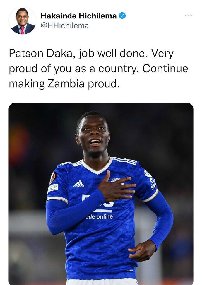 Patson Daka received a congratulatory tweet from the Zambian president
