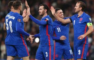 England's players celebrate vs Albania