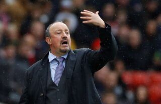 Everton manager Rafael Benitez looking animated on the touchline