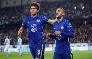 Chelsea's Hakim Ziyech celebrating with Marcos Alonso