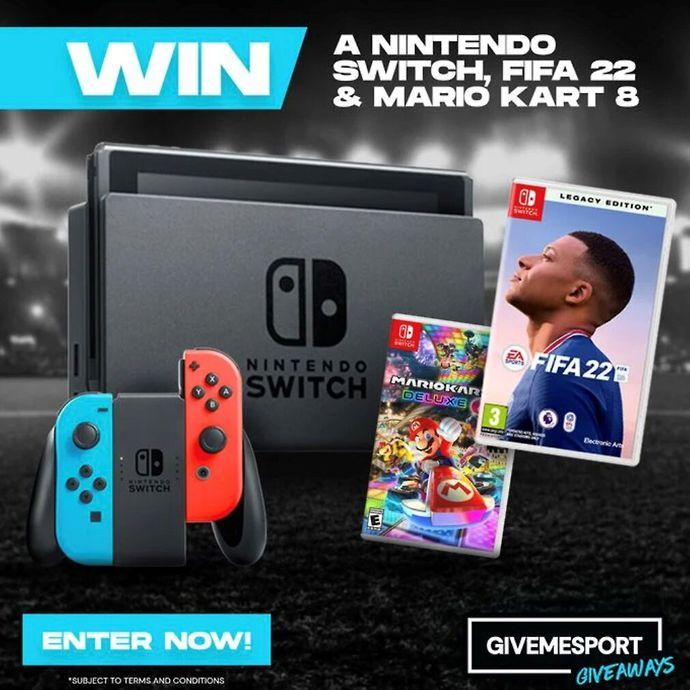 Enter the November Giveaway to win a Nintendo Switch with Mario Kart 8 Deluxe and FIFA 22 Legacy Edition!