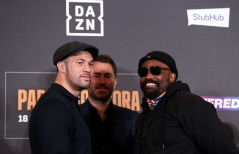 Derek Chisora (right) and Joseph Parker (left) pictured with promoter Eddie Hearn (middle).
