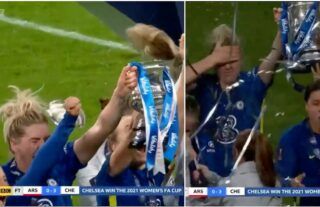 Chelsea’s Millie Bright picked up a bizarre injury as she lifted the Women’s FA Cup trophy at Wembley this evening