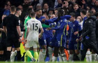 Antonio Rudiger was dragged away by his Chelsea teammates after their 3-2 win over Leeds United