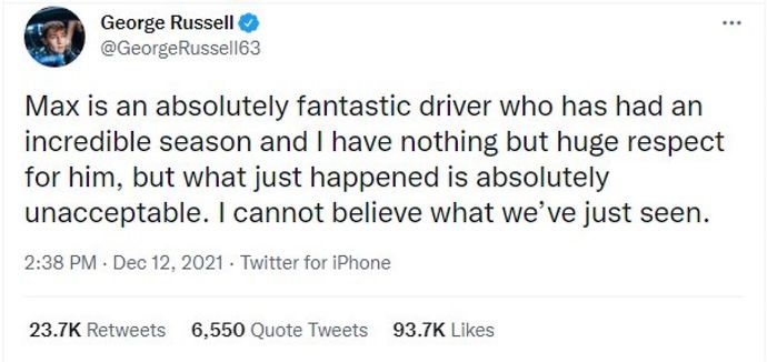 George Russell reacts to Max Verstappen beating Lewis Hamilton