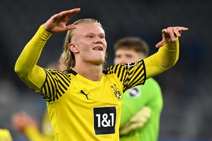 Erling Haaland celebrates after scoring against Hoffenheim