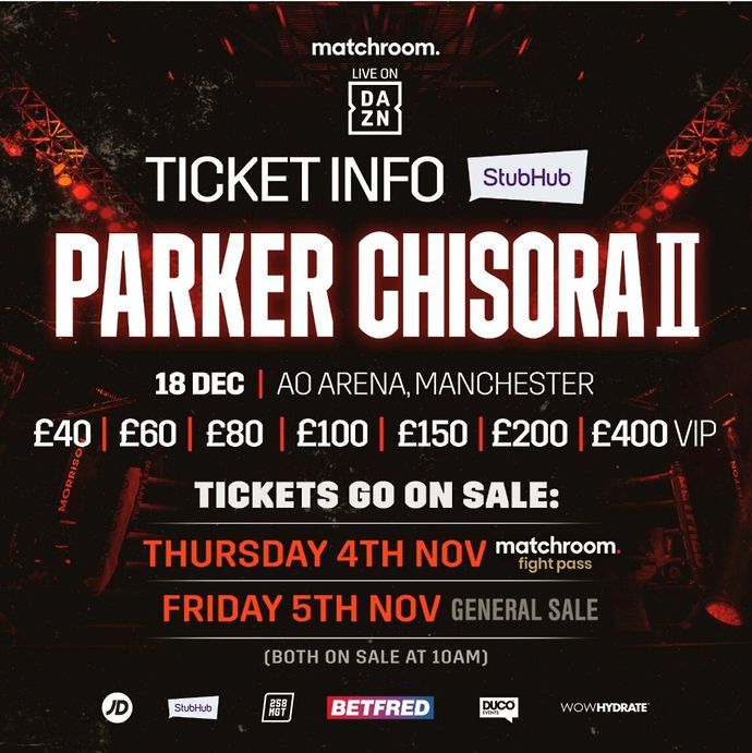 The prices of these tickets for Parker Chisora 2 vary from £40-£400
