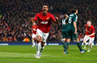 Nani celebrates scoring for Manchester United versus Real Madrid