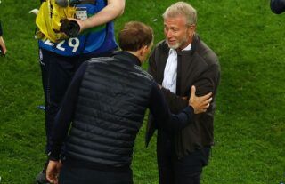 Chelsea manager Thomas Tuchel celebrates with owner Roman Abramovich