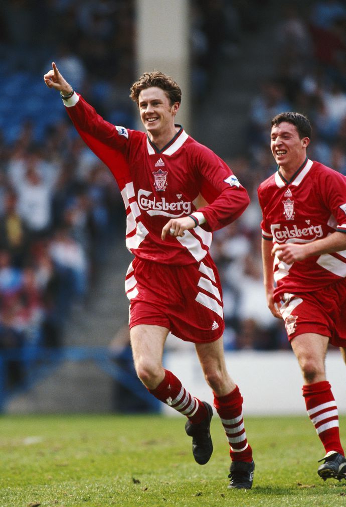 Steve McManaman and Robbie Fowler celebrate a Liverpool goal in 1995