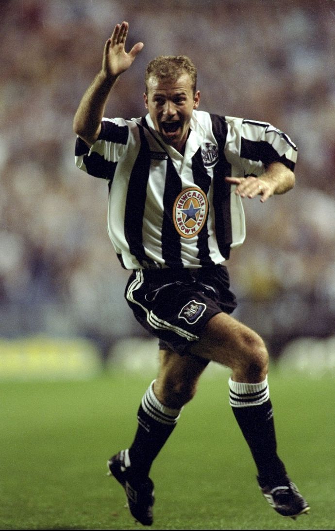 Alan Shearer celebrates scoring for Newcastle in 1996
