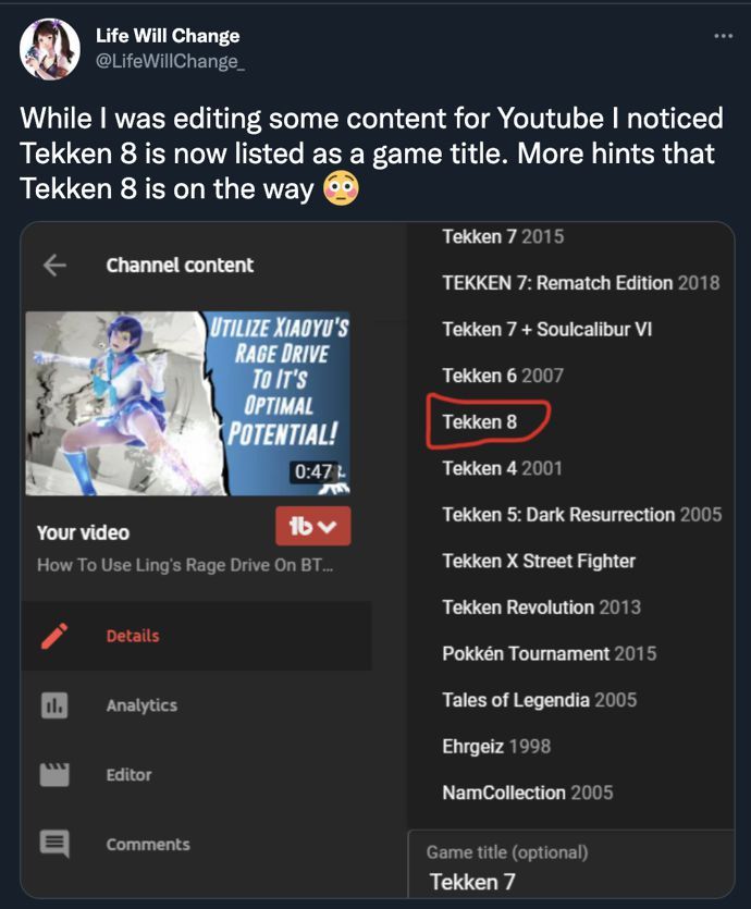 Tekken 8 listed as game title on YouTube - @LifeWillChange_
