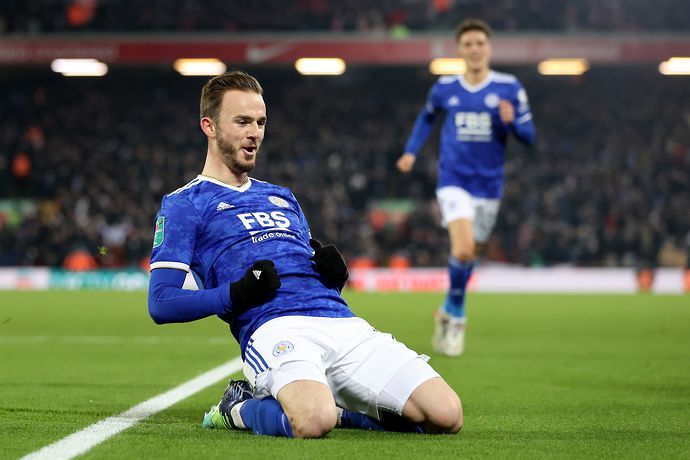 James Maddison playing for Leicester City.