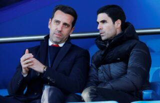 Arsenal manager Mikel Arteta and Edu in the stands