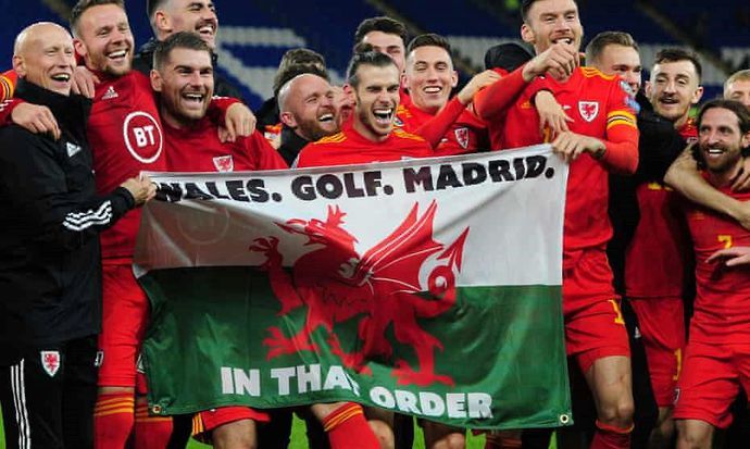 Gareth Bale celebrates with his Wales teammates